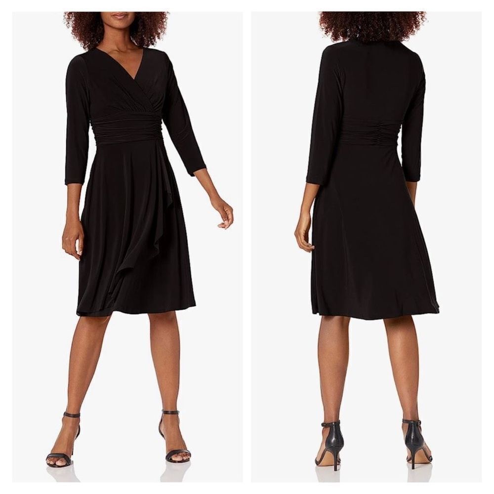 Nine West Women's Black 3/4 Sleeve Faux Wrap Ruched Dress Size 16 - Picture 2 of 9